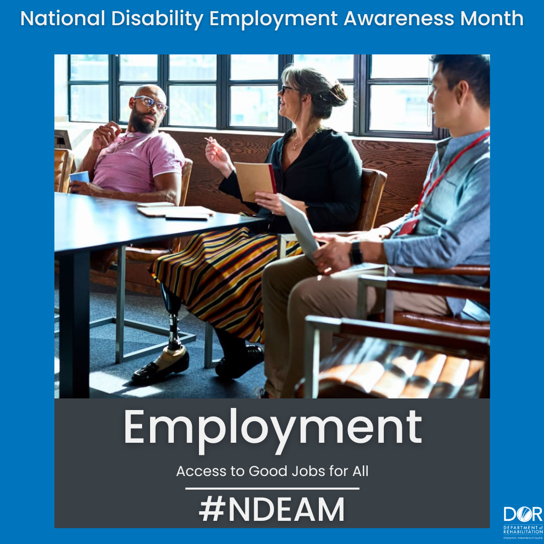 Text at top of graphic reads,  National Disability Employment Awareness Month. Woman in a wheelchair is working at a desk. Text overlay reads, Employment.  Access to Good Jobs for All. Hashtag NDEAM